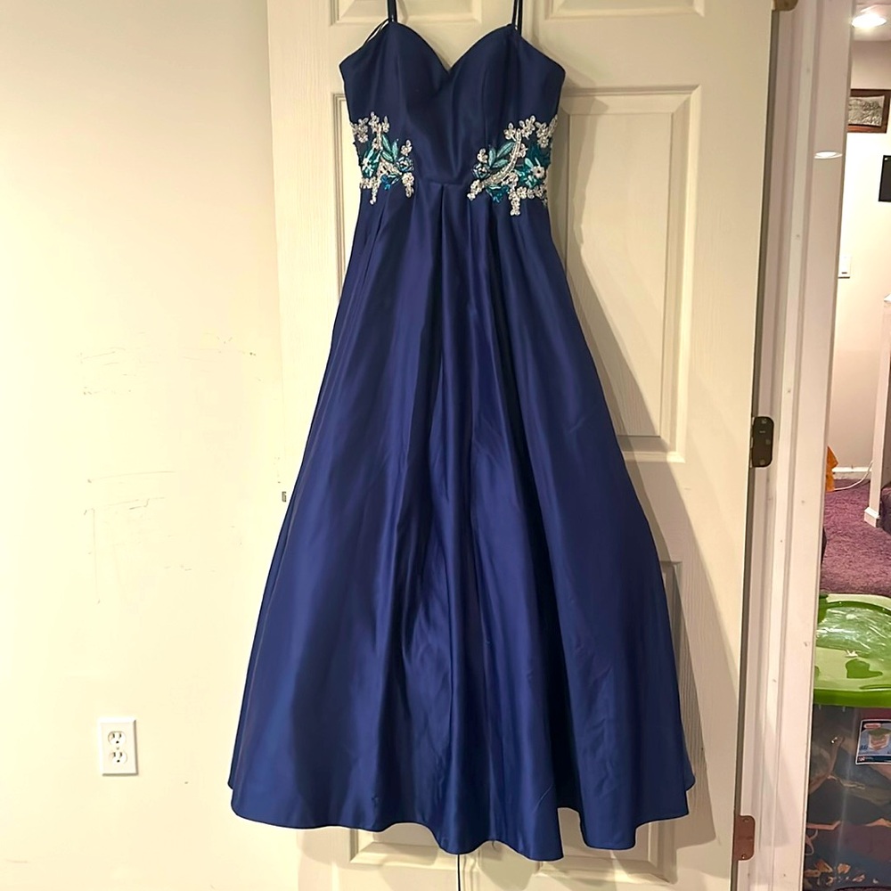 Royal blue formal (prom) dress with mesh floral sides